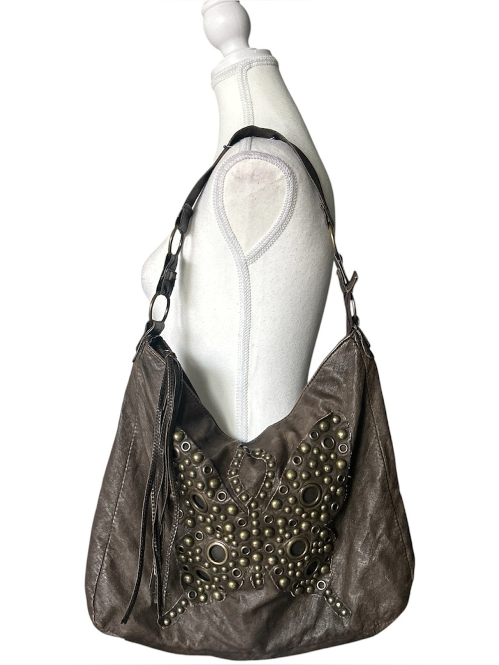 Y2K Grunge Style Brown Faux Leather Studded Butterfly Shoulder Bag